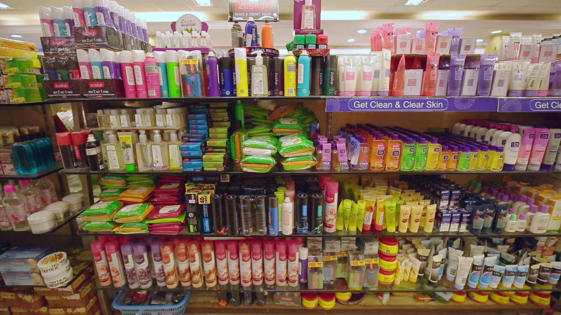 Variety of face care cosmetic products on the supermarket shelf. Stock Video Footage - Storyblocks